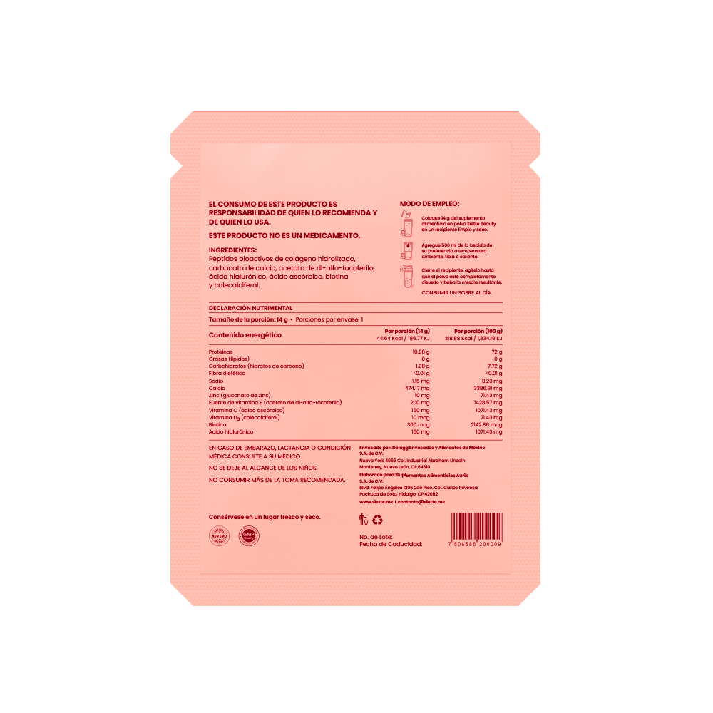 Siette Beauty | Péptidos Bioactivos de Colágeno Hidrolizado - Caja con 28 sachets de 14 g c/u