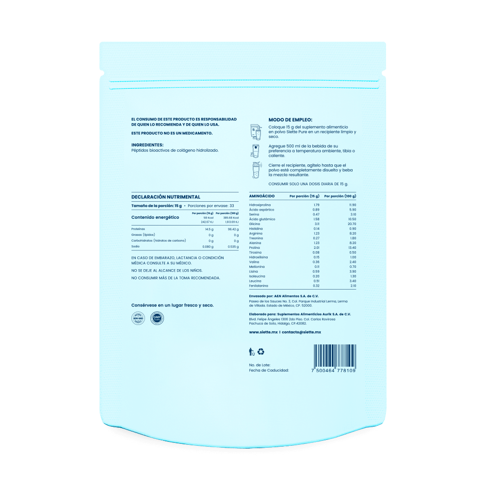 Siette Pure | Péptidos Bioactivos de Colágeno Hidrolizado - Bolsa 500g