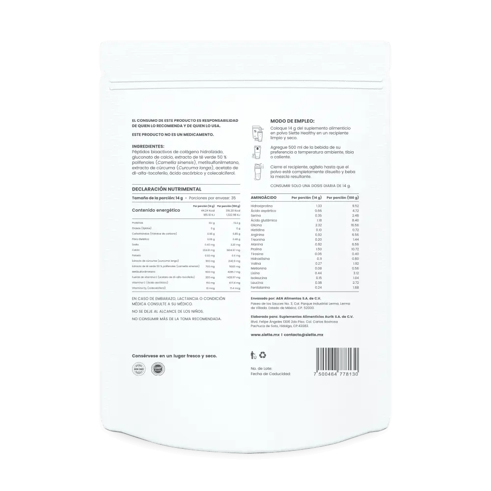 Siette Healthy | Péptidos Bioactivos de Colágeno Hidrolizado - Bolsa 500g - Siette