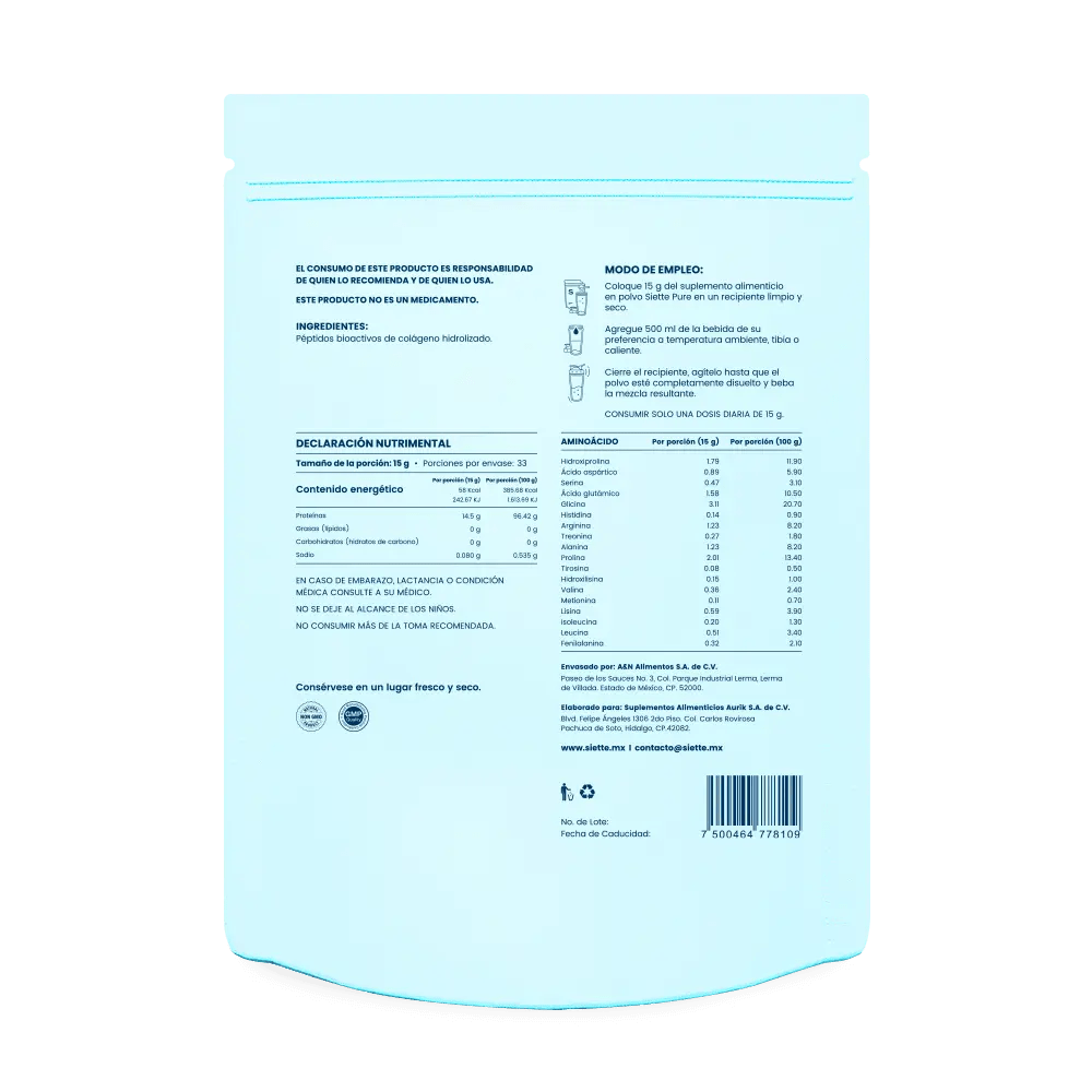 Siette Pure | Péptidos Bioactivos de Colágeno Hidrolizado - Bolsa 500g - Siette