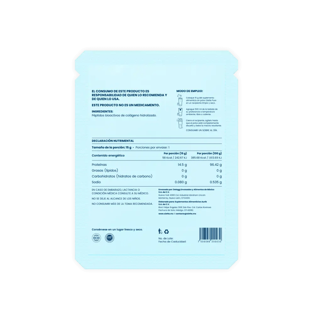 Siette Pure | Péptidos Bioactivos de Colágeno Hidrolizado - Paquete Sachets - Siette