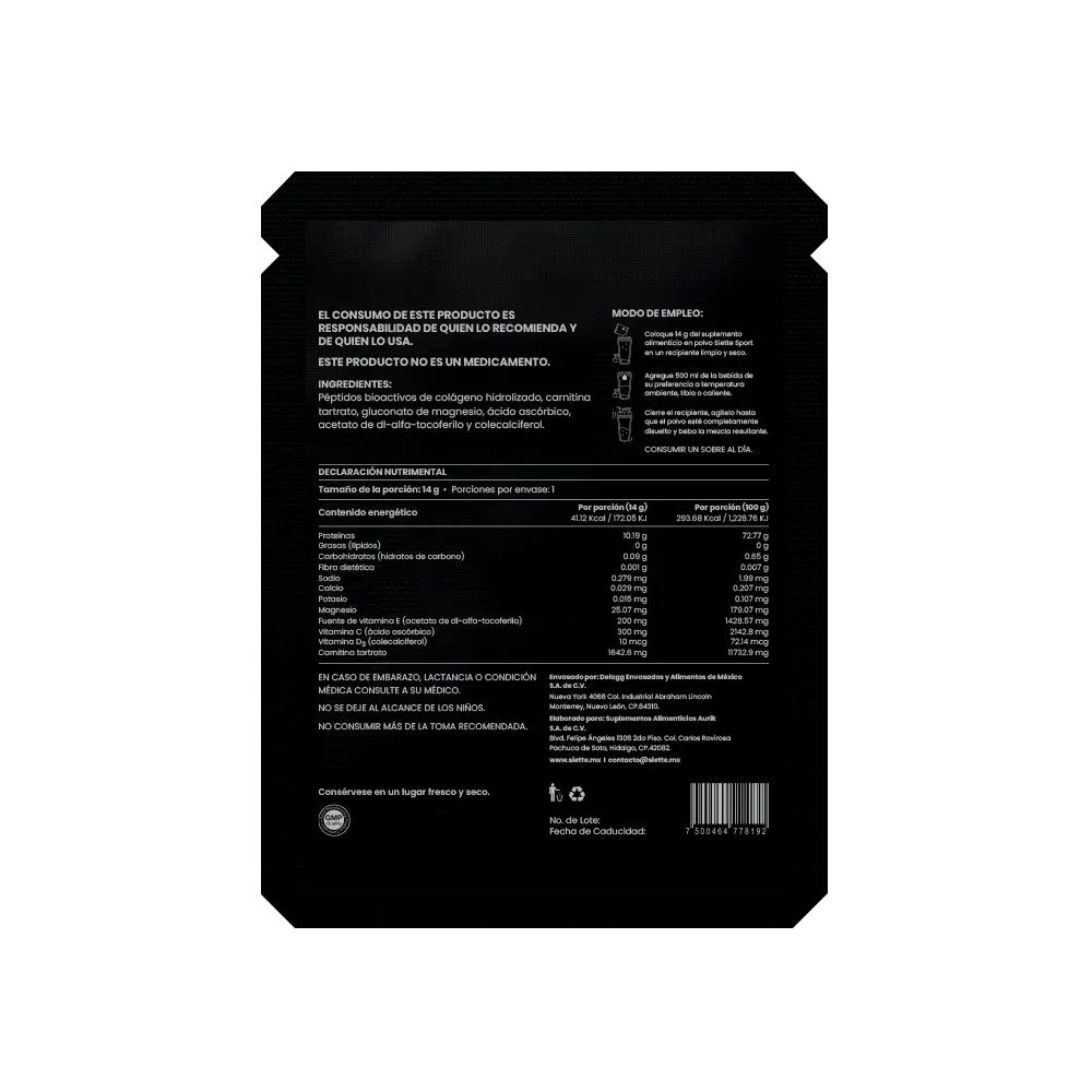 Siette Sport | Péptidos Bioactivos de Colágeno Hidrolizado - Paquete Sachets - Siette