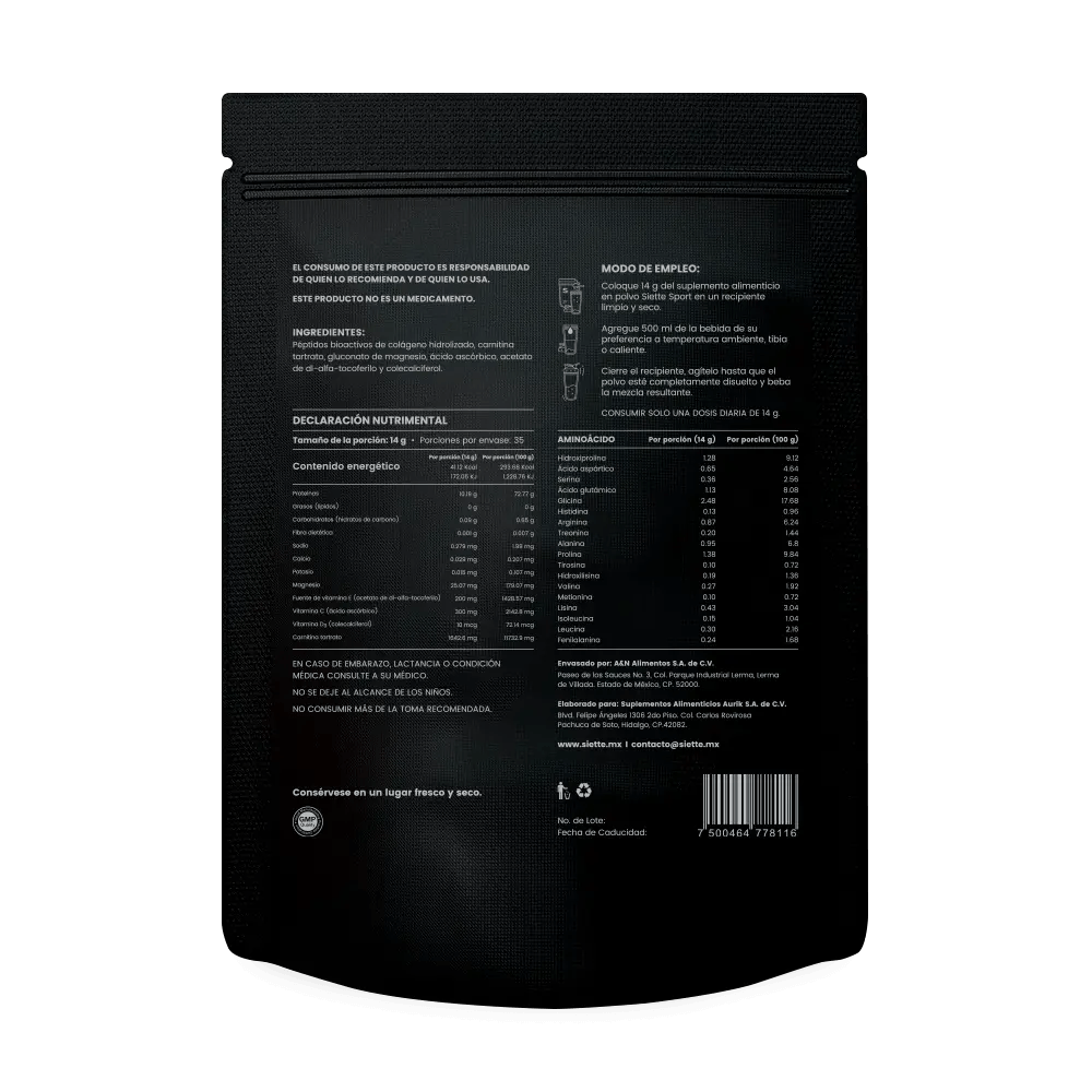 Siette Sport | Péptidos Bioactivos de Colágeno Hidrolizado - Bolsa 500g - Siette